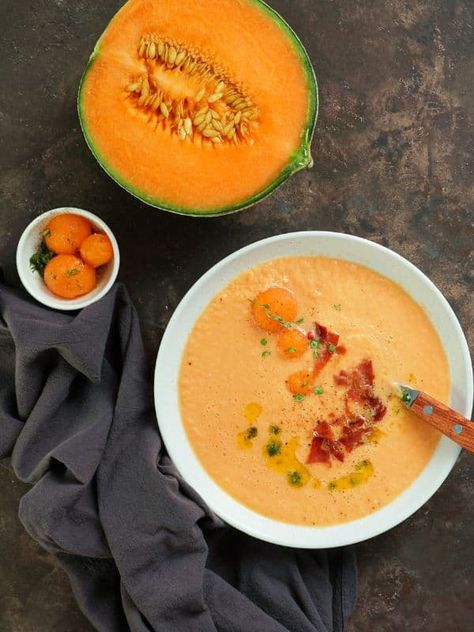 Tasty Cantaloupe Gazpacho Recipe Melon Gazpacho Recipe, Peach Gazpacho Recipe, Pumpkin Gazpacho, Cantaloupe Gazpacho, Melon Gazpacho, Chilled Soups, Watermelon Soup, Cantaloupe Recipes, Tomato Gazpacho