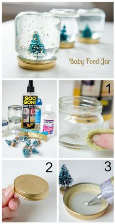 ขวดโหล Mason Jar, Baby Food Jar Crafts, Diy Baby Food, Jars Snow, Diy Snow Globe, Diy Bebe, Baby Food Jars, Christmas Snow Globes, Navidad Diy