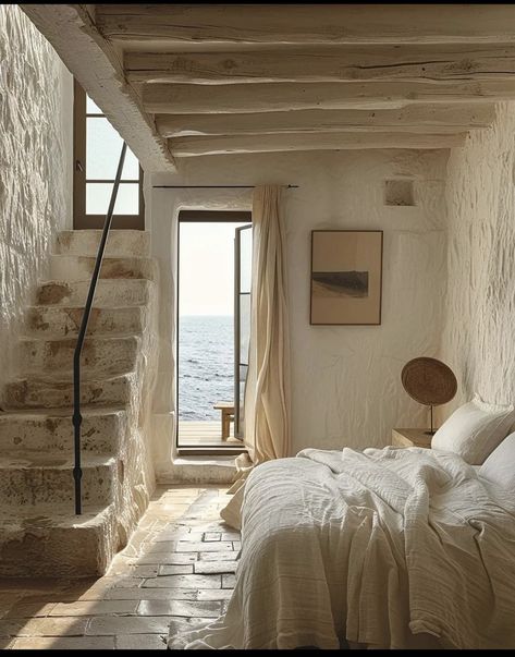 Italian Cottage Interior, Italian Cottage, Coastal Farmhouse Decor, Mediterranean Interior, Cottage Interiors, Stone Walls, Mediterranean Home, Mediterranean Homes, Wooden Beams