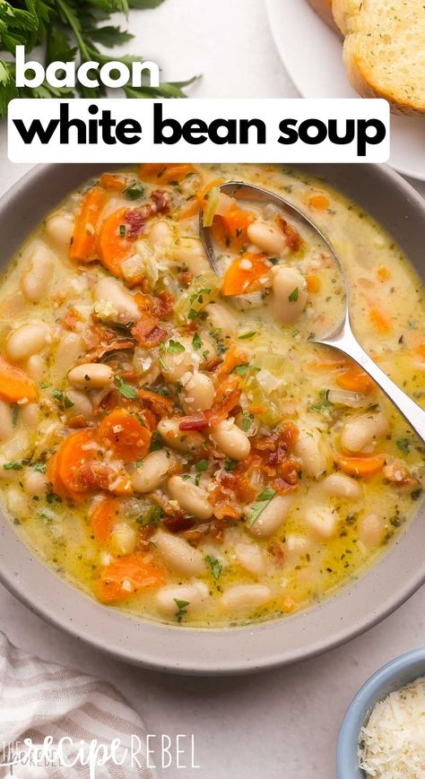 White Bean Soup with Bacon is a warm and comforting dish that is loaded with vegetables and creamy white beans with the smoky flavor of bacon! It's easy to make and freezer friendly. #soup #recipe #dinner | dinner ideas | dinner recipe | easy soup | healthy soup | comfort food | healthy dinner Potato White Bean Soup, Bean Soup With Bacon, Comfort Food Healthy, Creamy White Beans, Soup Comfort, Bacon Soup Recipes, Bean And Bacon Soup, Soup With Bacon, White Bean Recipes