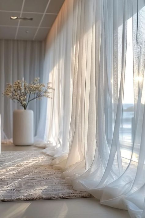 Bedroom Curtain Divider Ideas, Pleated Sheer Curtains, Puddle Curtains Living Rooms, Layer Curtains Living Room, Living Room Drapes Ideas, Light Curtains Living Room, Luxury Guest Bedroom, Curtains Ideas For Living Room, Sunlight Room