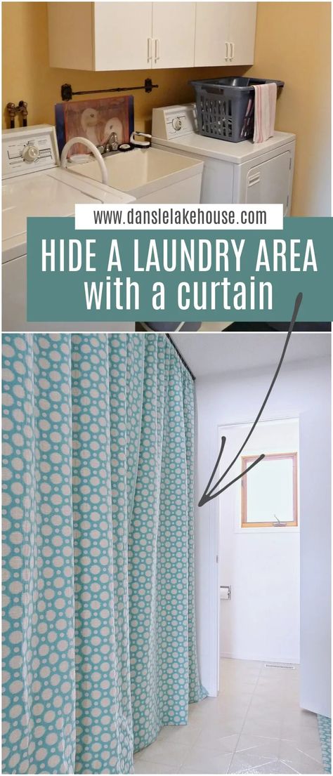 GENIUS!! How to Hide a Washer and Dryer. Hide laundry room entirely with wall to wall curtains on a curtain track so curtains GLIDE so easily out of the way! Hide laundry room with curtains. Use this to hide laundry room in kitchen or hide laundry room in hallway like mine. Hide laundry room hack! Check out the tutorial for how to sew this curtain on a track and tips for hiding washing machine with curtains. Hide Washer And Dryer With Curtains, Hiding A Washer And Dryer In Kitchen, Laundry Room Cover Up Curtains, Hide Laundry Room With Curtains, Curtain Ideas To Hide Storage, Hanging Curtains To Hide Storage, Conceal Laundry Area, Curtain In Front Of Washer And Dryer, Curtain To Cover Washer And Dryer