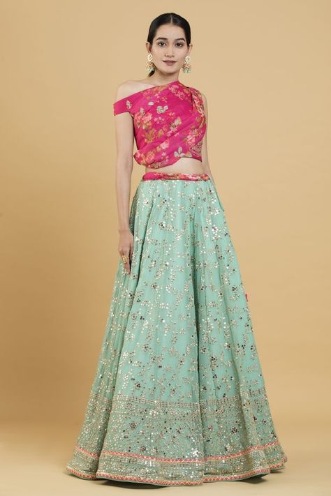 Pink And Mint Green Georgette Lehenga Festive Fitted Pista Green Lehenga, Traditional Fitted Pista Green Lehenga, Pink And Pista Green Lehenga, Mint Green Lehenga Color Combos, Mint Lehenga, Sea Green And Pink Lehenga, Mint Green Lehenga, Frontier Raas, Lehenga Indian