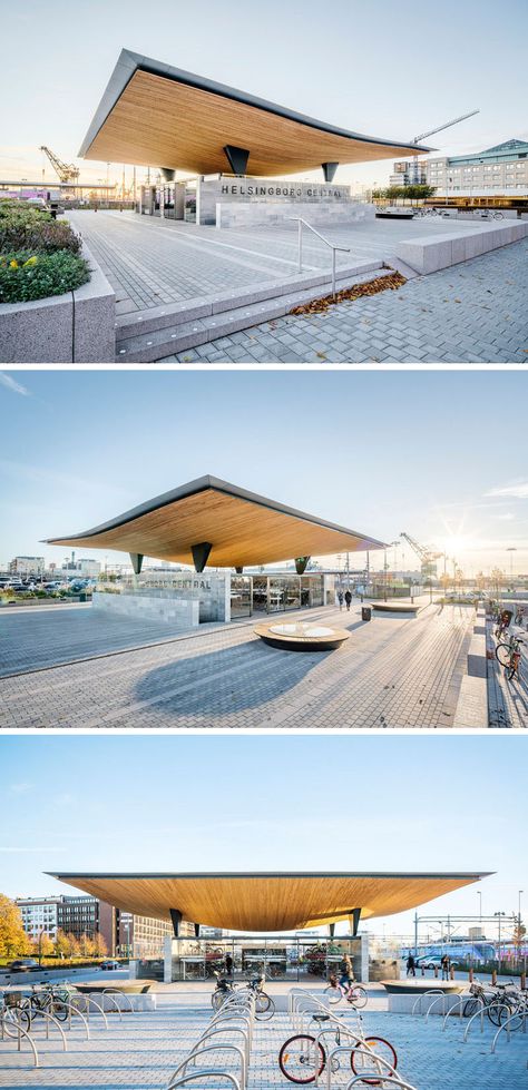 This Helsingborg Train Station Has A Dramatic New Entrance Cantilever Architecture, Roofing Ideas, Roof Ideas, Canopy Architecture, Backyard Canopy, Timber Roof, Outdoor Pavilion, Plans Architecture, Roof Architecture