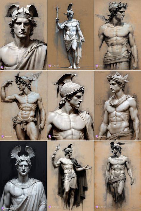 Dive into the world of classical mythology with these stunning academic-style images of Hermes. The ancient Greek god of commerce and travel is brought to life with meticulous attention to detail, from his iconic winged helmet to the caduceus staff. His noble and graceful figure embodies the timeless ideals of Greek mythology, seamlessly blending tradition with digital art techniques.#GreekMythology #HermesArt #ClassicalFigures #DigitalArt Hermes Illustration God, Hermes Art Greek Mythology, Hermes God Mythology, Hermes Helmet, Hermes Greek God, Hermes Mythology, Winged Helmet, God Hermes, Academic Style