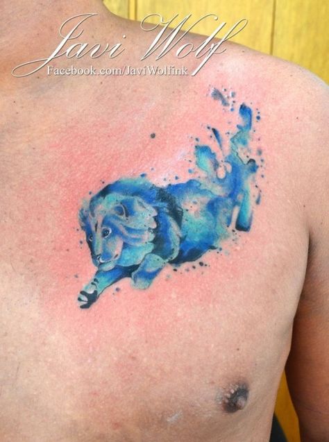 Watercolor Lion Tattoo.  Tattooed by javiwolfink. LOVE all of his work.  www.facebook.com/javiwolfink Patronus Tattoo, Watercolor Wolf Tattoo, Blue Ink Tattoos, Watercolor Wolf, Tatoo Inspiration, Panther Tattoo, Wolf Tattoo Design, Wolf Tattoos, Tiger Tattoo