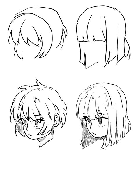 Hair Template Anime, Short Hair Ponytail Drawing Reference, Short Hair Reference Drawing Female, How To Draw A Ponytail, Ponytail Reference Drawing, Hair Template Drawing, Short Hair Character Design, Short Hair Reference Drawing, Bangs Reference Drawing