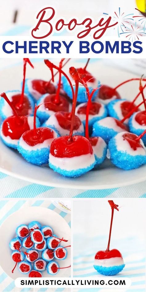 boozy cherry bombs on a plate 4th Of July Cherries Alcohol, 4th Of July Cherries, Boozy Maraschino Cherries, Marachino Cherries Alcohol, Alcohol Cherries, 4th Of July Shots, Sugared Cherries, Drunken Cherries Recipe, Boozy Cherries