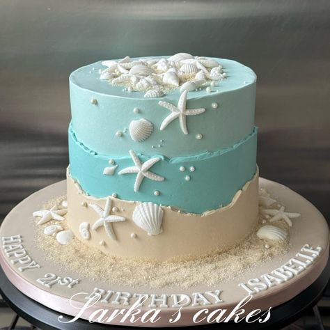 Simple Ocean Cake, Simple Beach Cake, Starfish Cake, Ocean Birthday Cakes, Summer Birthday Cake, Beach Birthday Cake, Seashell Cake, Beach Themed Cakes, Ocean Cakes