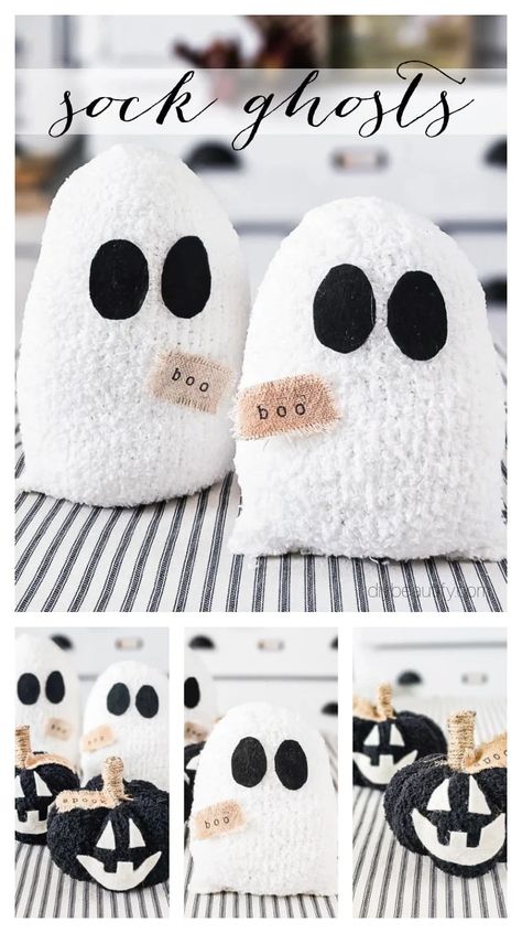 fluffy white sock ghosts, big black felt eyes Easy Halloween Sewing Crafts, Halloween Decor Sewing Projects, Primitive Ghost Diy, No Sew Projects Easy, Halloween Sock Crafts, Stuffed Ghost Pattern, No Sew Halloween Crafts, Sock Ghost, Ghost Diy Crafts