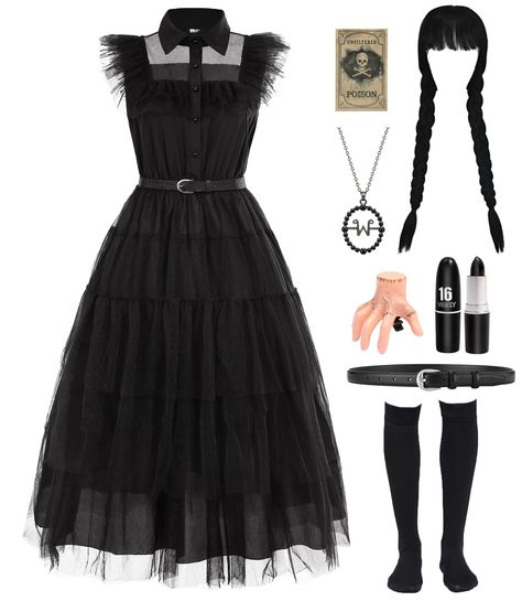 PRICES MAY VARY. 💝【8pcs Halloween Costume Set Included】: 1*black goth dress, 1*black braided wig, 1*necklace, 1pair black socks, 1*black lipstick, wig caps, 1*hairpin with artificial hand, 1*sticker, all you need for cospaly or costume just in one package 💝【Dress Material】: black goth dress made of high quality material, very soft, breathable, and light weight, you will feel very comfortable when you wear this cute dress for costume or party 💝【Applicable Occasion】: long black dress perfect fo Wednesday Party Dress, Halloween Costumes 50s Theme, Funny Simple Halloween Costumes, Halloween Costumes Individual, Wednesday Costumes Women, Adult Wednesday Addams Costume, Wednesday Halloween Costume, Workplace Halloween Costumes, Alternative Halloween Costumes