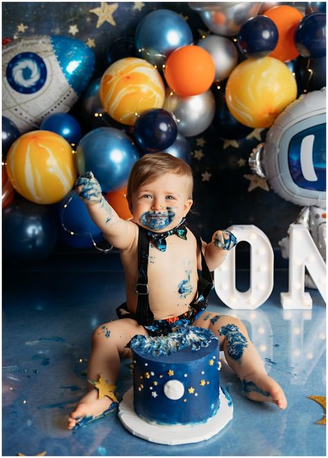 First Trip Around The Sun Photo Shoot, First Trip Around The Sun Smash Cake, First Trip Around The Sun Cake Smash, Boys First Birthday Photoshoot, Space Smash Cake, Space Themed Cake, Space Theme Cake, Themed Cake Smash, Sun Cake