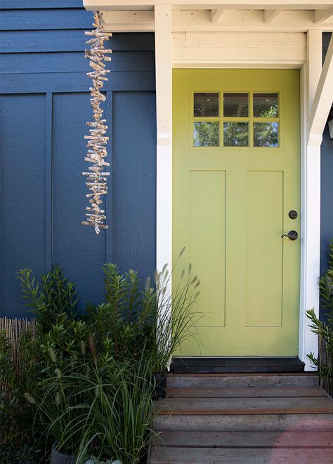 Colorful Door Exterior, Colored Door Exterior, 1950s Front Door, Blue House Green Door, Pop Of Color Door, Chartreuse Front Door, Light Green Front Door, Green Doors Front Entrance, Colors For Front Doors