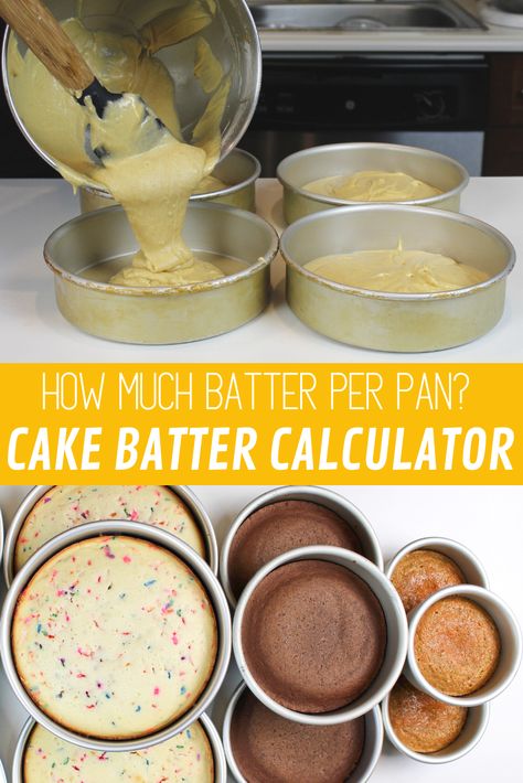 Learn exactly how much cake batter you need per pan, using my easy guide! It shares how many cups of batter you need for different sized cake layers #cakebattercalculator #howmuchcakebatterperpan #tieredcake Cake Sizes And Servings, Cake Pan Sizes, Cakes To Make, Cake Layers, Cake Sizes, Cake Business, Round Cake Pans, Cake Servings, Cake Decorating Tips