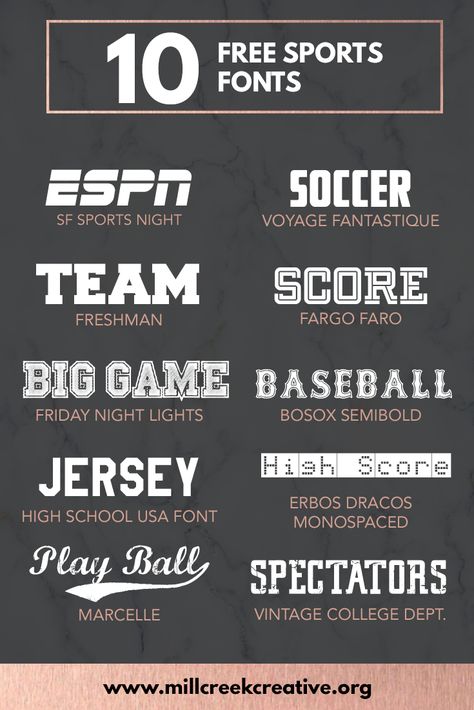 10 Free Sports Themed Fonts — Mill Creek Creative Free Sports Fonts For Cricut, Sports Fonts For Cricut, Football Fonts Free, Sport Fonts Free, Baseball Fonts Free, Free Sports Fonts, Jersey Quotes, Football Fonts, Baseball Font