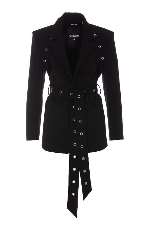 Patrizia Pepe black blazer, buttons closure, belted, reinforced shoulders, logo on belt, piercing on the back neckComposition: 97% Polyester, 3% Elastane