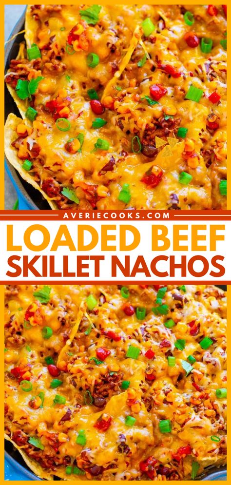 February Meals, Ground Beef Nachos, Skillet Nachos, Nachos Cheese Recipe, Nachos Recipe Beef, Beef Skillet, Beef Nachos, Easy Nachos, Skillet Cake