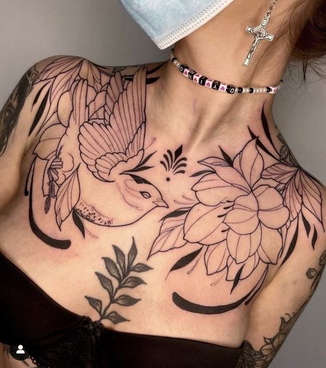 Neo Traditional Chest Tattoo, Tattoo Diamond, Chest Neck Tattoo, Shoulder Cap Tattoo, Ear Tattoo Ideas, Torso Tattoos, Nature And Animals, Kawaii Tattoo, Chest Piece Tattoos