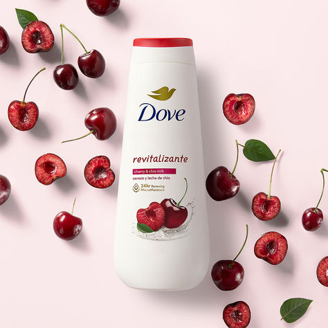 Bottle of Dove & Cherry Milk Body Wash against a light pink background with fresh cherries scattered around it. Dove Cherry Body Wash, Dove Cherry, Chia Milk, Milk Body Wash, Dove Soap, Dove Body Wash, Shower Skin Care, Body Polish, Cherry Juice