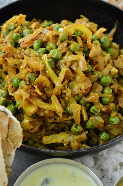 Cabbage Peas Shaak - My Vegetarian Roots Cabbage Peas Shaak Cabbage Indian, Cabbage And Peas, Cabbage Recipes Indian, Gujarat Food, Desi Dishes, Amaranth Recipes, Gujarati Thali, Cabbage Curry, Dry Curry