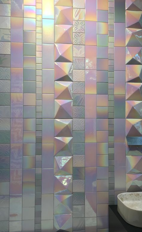 Pearlescent Tiles, 2d Furniture, Asian Bakery, Metallic Tiles, Iridescent Decor, Hickory Kitchen Cabinets, Fashion Store Design, Rainbow Tile, Iridescent Tile