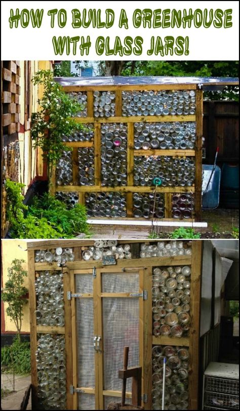 We think this is a great idea since you can even use the largest glass jars to start some seeds -- mini greenhouses in a greenhouse! Do you want to have one in your backyard? Upcycled Shed Ideas, Scrap Greenhouse, Upcycled Greenhouse Ideas, Reclaimed Greenhouse Ideas, Recycled Glass Greenhouse, Large Glass Bottle Ideas, Glass Jar Greenhouse, Glass Block Greenhouse, Water Bottle Greenhouse