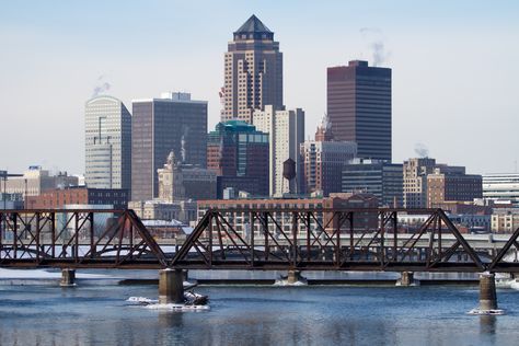 Des Moines, Iowa   Des Moines River. Des Moines Iowa Aesthetic, Iowa Outline, Iowa Des Moines, Scott Street, Train Bridge, Blue Cross Blue Shield, Great Architecture, America Photo, Iowa Covered Bridges