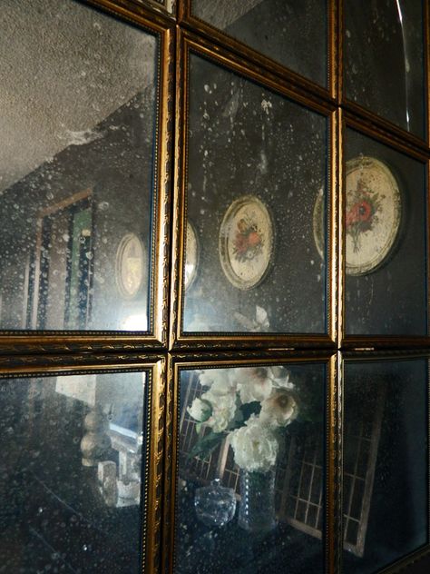 DIY Multi Pane Antique Mirror Antiqued Mirror Wall, Dining Room Mirror Wall, Mirror Panel Wall, Krylon Looking Glass, Antique Mirror Diy, Antique Mirror Tiles, Mercury Glass Diy, Antique Mirror Glass, Big Wall Mirrors