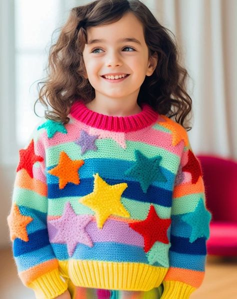 Crochet Toddler Sweater, Star Jumper, Crochet Toddler, Colorful Crochet, Star Sweater, Casual Sweater, Applique Dress, Knitting For Kids, Kids Sweater