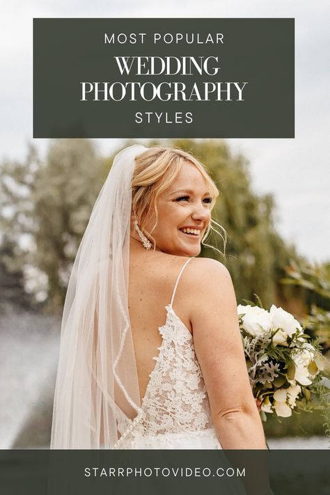 Not sure what wedding photography style to pick? As you plan your wedding, it's important to understand the vibe you're aiming for. Because that will ultimately help you decide which wedding photographer to go with. However, picking a style can be tricky! Here, we've listed different wedding photography styles to help you know all the options so you can make the best decision. Need a wedding photographer? Click here to view Starr Photo and Video wedding photo and video pricing! Styles Of Wedding Photography, Wedding Photography Editing Styles, Photography Styles Wedding, Types Of Wedding Photography Style, Bohemian Wedding Photography, Wedding Photography Editing, Urban Wedding Photography, Contemporary Wedding Photography, Photographer Outfit