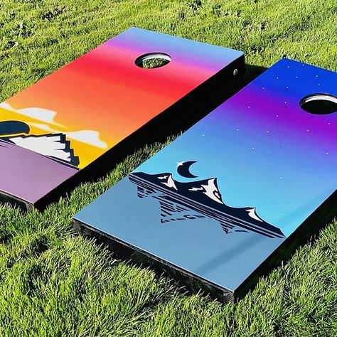 Cornhole Boards Painting Ideas, Cornhole Paint Ideas Design, Cornhole Designs Paint, Painting Cornhole Boards Designs, Cornhole Boards Designs Diy Paint, Cornhole Paint Ideas, Corn Hole Boards Designs Paint, Painted Cornhole Boards, Mountain Corn Hole Boards