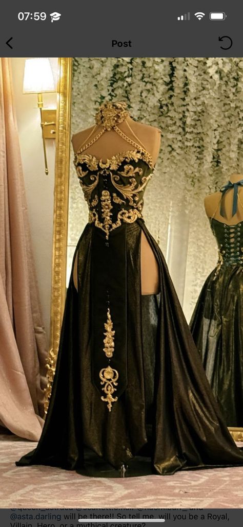 Greek Gods Prom Dresses, Dark Goddess Fashion, Warrior Ball Gown, Black And Gold Corset Dress, Greek Mythology Prom Dress, Elain Archeron Dress, Warrior Dress Goddesses, Black Goddess Aesthetic Outfit, Black Goddess Outfit