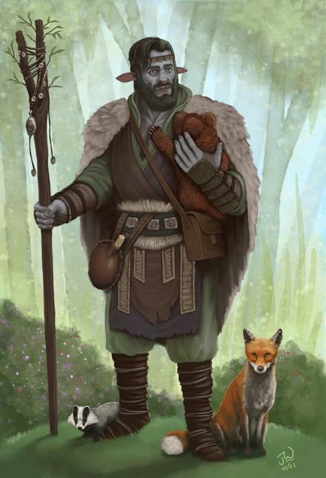 Fey Wanderer, Dnd Firbolg, Forge Cleric, Dnd Characters Design, Firbolg Art, Light Cleric, Wildfire Druid, Firbolg Druid, Warrior Battle