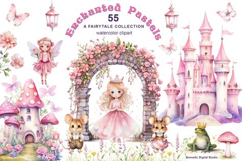 Fairy Wallpaper Pink, Fairy Tale Clipart, Pink Fairy Painting, Fairy Castle Illustration, Fairy Garden Watercolor, Fairy Castle, Garden Clipart, Fairy Tale, Spring Clipart