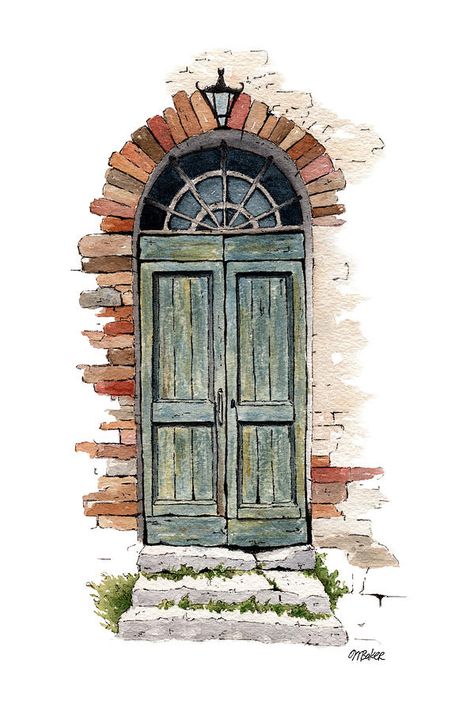 Doorway Painting - The Old Door by Michael Baker Watercolor Old House, Water Colour Architecture Sketch, Aesthetic Door Drawing, Water Colour House Painting, Urban Watercolor Paintings, Aesthetic Water Colour Painting, Urban Sketching Beginner How To Draw, Urban Painting Watercolor, Watercolor Doors Paintings