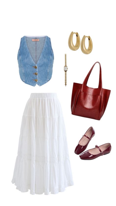 white tiered skirt outfit with a denim vest, red flats and a large red bag. It is very trendy for summer 2024 and would be cute to wear as a casual dressy outfit. #vest #skirt #redbag #redflats #summeroutfits #skirtoutfits White Tiered Skirt Outfit, Vest And Skirt Outfit, Tiered Skirt Outfit, White Tiered Skirt, Outfit Vest, Vest Skirt, Dressy Outfit, Dressy Casual Outfits, Casual Dressy