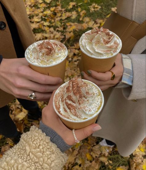 Three friends are in a circle and holding up cups of hot coffee with whipped cream on top. Gilmore Girl, Fall Mood Board, God Mat, Pumpkin Spice Season, Fall Drinks, Fall Inspo, Fall Feels, Fall Pictures, Autumn Cozy