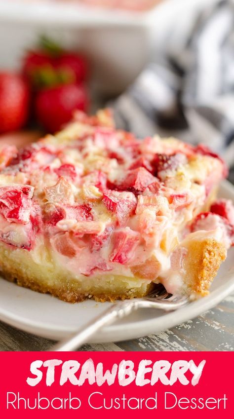 Strawberry Rhubarb Custard Dessert is a rich and delicious summer dessert recipe full of tart rhubarb and sweet egg custard over an easy sugar cookie crust. #StrawberryRhubarb #Custard #Dessert Strawberry Rhubarb Pudding Dessert, Rhubarb Custard Bars Recipe, Rhubarb Bars With Custard Filling, Strawberry Rhubarb Custard Bars, Strawberry Rhubarb Custard Dessert, Strawberry Rhubarb Recipes, Betty Crocker Sugar Cookies, Sugar Cookie Crust, Streusel Coffee Cake