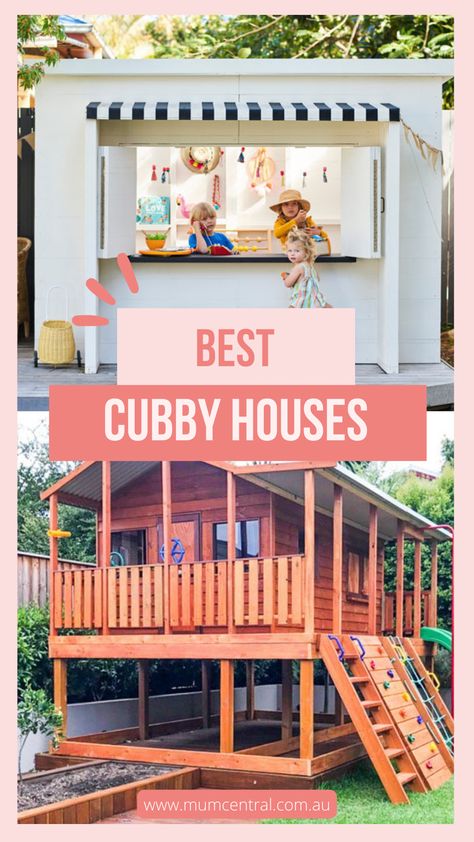 Is there anything more exciting to a child than a place to call their very own? Cubby houses provide kids with the perfect place to play indoors and outdoors and make a beautiful addition to your backyard or play area. We have searched far and wide to discover the best cubby houses in Australia. Take a look! #cubbyhouse #cubby #treehouse #kidscubby #kidscubbyhouse #kidstreehouse Creative Cubby House Ideas, Cubby Painting Ideas, Diy Kid Playhouse Outdoor, Cubby House Colours Scheme, Small Cubby House, Cubby House Colours, Outdoor Cubby House Interior, Black Cubby House, Cubby House Interior