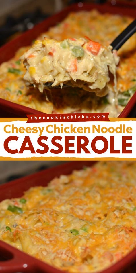 This is the best chicken noodle casserole ever! Don't miss this cheesy and easy chicken noodle recipe for your weeknight dinner recipes! Shredded chicken, pasta, and veggies make this an all-in-one meal! Give it a try and learn how to make it! All Recipes Chicken Noodle Casserole, Chicken Noodle Casserole Without Canned Soup, Cheesy Chicken Noodle Casserole Recipes, Chicken Enchilada Noodle Casserole, Chicken Casserole With Chow Mein Noodles, Mexican Chicken Noodle Casserole, Chicken Noodle Hot Dish, Cheesy Chicken And Noodle Casserole, Quick And Easy Dinner Recipes Canned Chicken