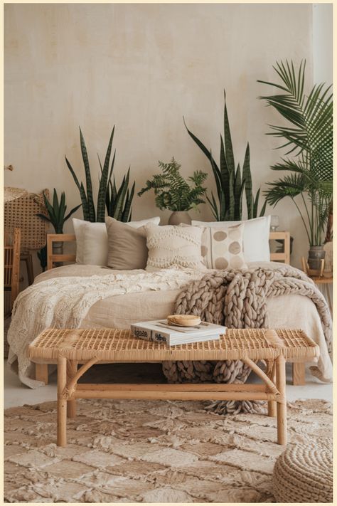 Cozy bedroom with a neutral palette, textured blankets, large potted plants, and a rustic bench. Cozy Neutral Bedroom Boho, Kitchen Flooring Trends, Cozy Colors Palette, Cozy Boho Bedroom, Kitchen Tile Inspiration, Compact Kitchen Design, Ensuite Bathroom Designs, Modern Bedroom Colors, Chic Desk