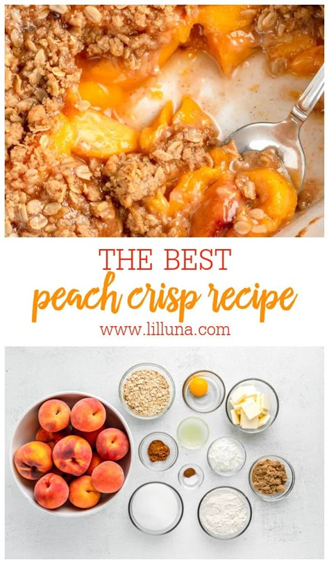 With sweet juicy peaches and cinnamon crumble topping, Peach Crisp is perfect topped with a scoop of vanilla ice cream. #peachcrisp #crisp #peachdessert #peachcrisprecipe #peach Peach Crisp Breakfast, Homemade Peach Crisp With Fresh Peaches, Peach Granola Crisp, Recipes To Make With Peaches, Peach Crisp Without Oats, Peach Crisp For Freezer, Peach Crisp No Oats, Peach Cobbler With Fresh Peaches Oatmeal, Peach And Plum Crisp