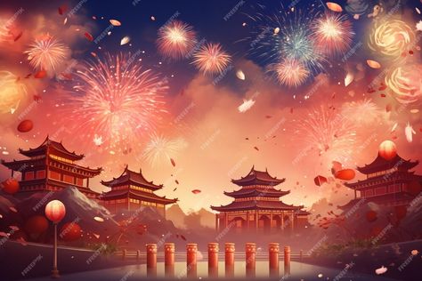 Premium AI Image | Chinese New Year background with firework and chinese temple Vector illustration Temple Vector Illustration, Temple Vector, Chinese New Year Illustration, Chinese New Year Fireworks, Chinese Fireworks, Temple Background, Chinese New Year Wallpaper, Chinese New Year Background, Chinese New Year Poster