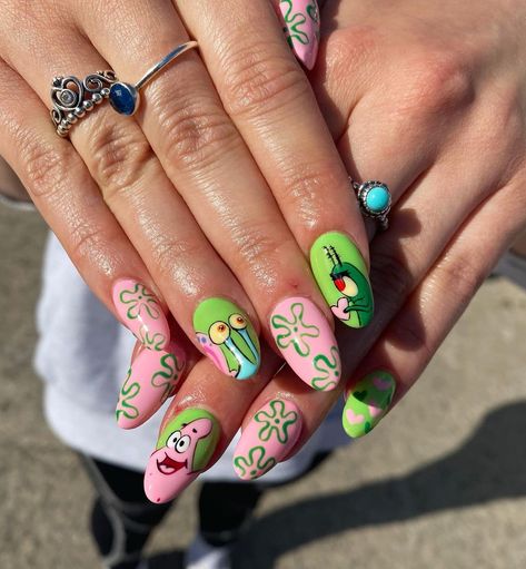 Spongebob Nail Art, Tv Nails, Cartoons Nails, Spongebob Gary, Border Nails, Spongebob Nails, Theme Nails, Character Themes, Paint Nail