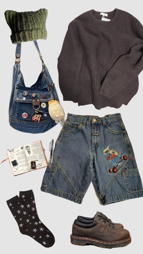 Clothes Collage Outfit, Collage Summer Outfits, Jorts Outfit Fall, Jorts Outfit Idea Grunge, Grunge Jorts Outfits, Sharkcore Outfits, Space Core Outfits, Vintage Lookbook Outfits, Fall Grunge Outfits