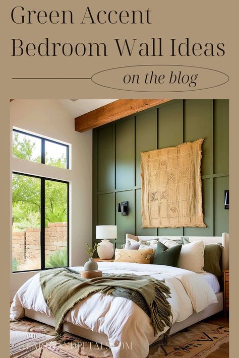 Contemporary bedroom with green accent wall and chic decor. Green Focal Wall Bedroom, Statement Wall Behind Bed, Green Accent Wall Bedroom Boho, Bedroom Accent Wall Green, Accent Wall Ideas For Bedrooms, Accent Bedroom Wall Ideas, Dark Green Accent Wall Bedroom, Green Accent Bedroom, Bedroom Green Accent Wall