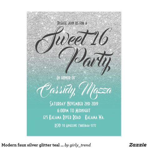 Postcard Sweet 16 Party Invitations, 16 Candles, Turquoise Ombre, Princess Birthday Invitations, Teal Ombre, 16th Birthday Invitations, Gold Shower, 40th Birthday Invitations, Sweet 16 Birthday Party