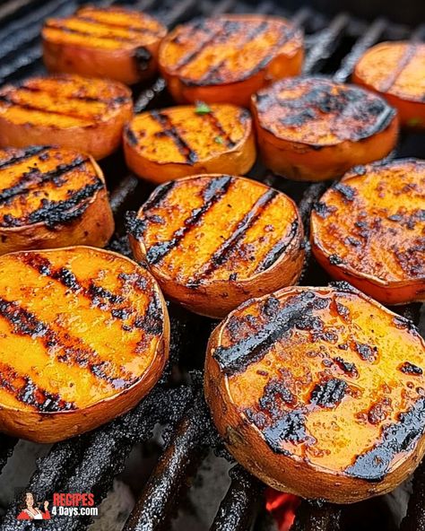 Grilled Sweet Potatoes Sweet Potato Recipes Grilled, Sweet Potato On Bbq, Grilled Sweet Potatoes In Foil, Sweet Potatoes On Grill, Grill Sweet Potatoes, Bbq Sweet Potato, Sweet Potato Bbq, Brown Sugar Sweet Potatoes, Garlic Parmesan Potatoes