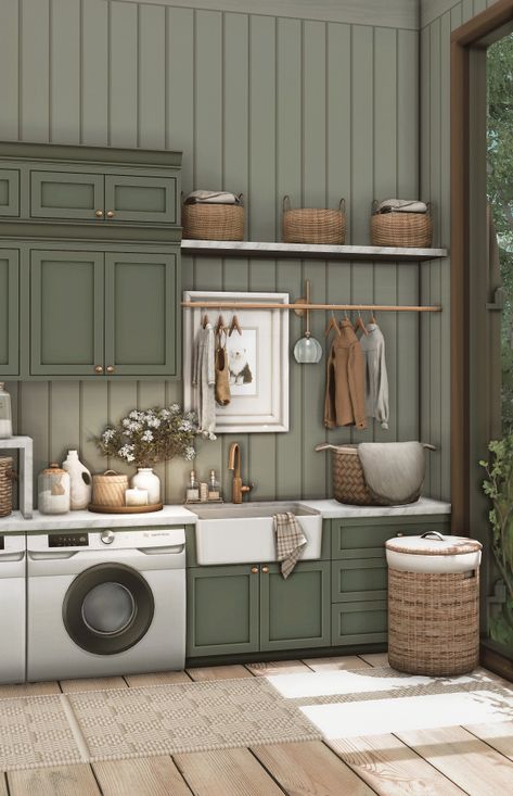 Countryside Laundry 🍃 Bloxburg Laundry Room Ideas, Cottage Core Bloxburg House, Sims 4 Cottage, Sims 4 Kitchen, Sims Builds, Sims 4 Bedroom, Sims 4 House Plans, Diy House Plans, Tumblr Sims 4