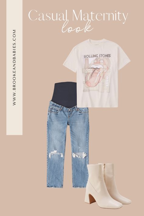 Maternity Band Tee Outfit, Pregnant Jeans Outfit, Cardigan Jeans Outfit, Maternity Jeans Outfit, Edgy Jeans, Paper Bag Jeans, How To Wear Shirt, Fall Maternity Outfits, Boyfriend Jeans Outfit